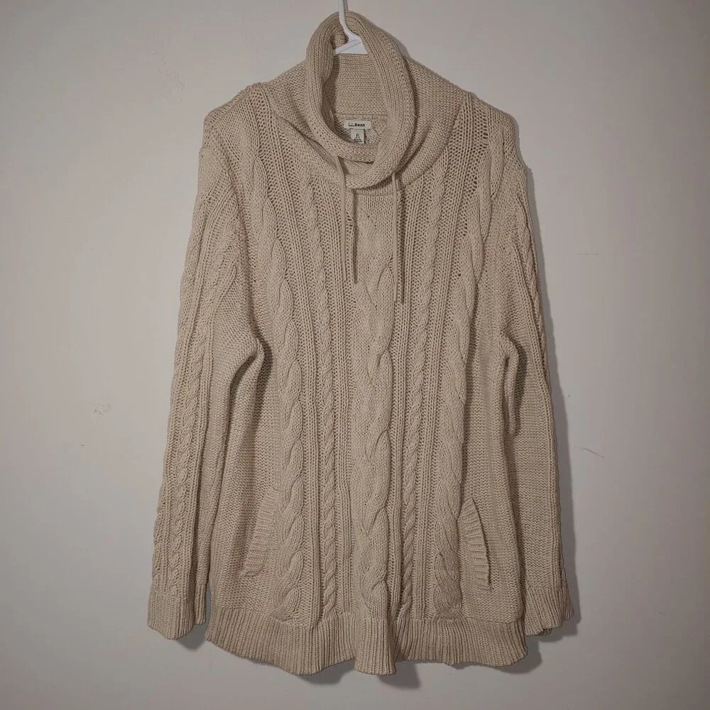 Women's Double L Mixed-Cable Funnelneck Cable Knit Sweater Sz 1X Oatmeal Heather